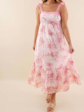 Pink Floral Maxi Sundress Crochet Bow Straps Love Shack Fancy Style